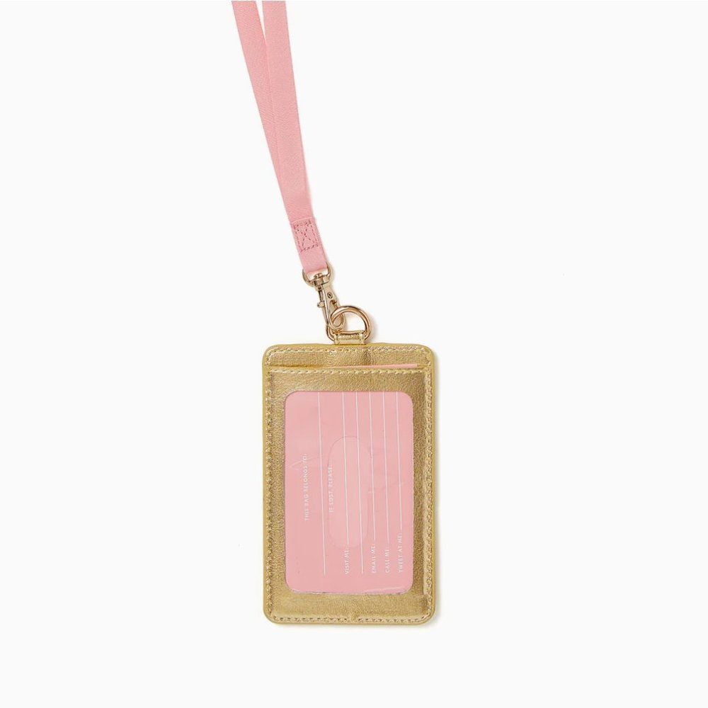 NEW ban.do Keep it Close Card Case Lanyard Metallic Gold & Pink Strap